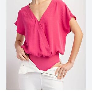Eesome Pink Wrap Bodysuit with Short Sleeves